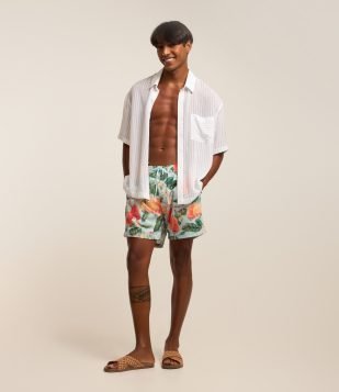 Bermuda de Banho em Microfibra com Estampa de Folhagem com Caju Multicores