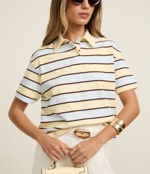 Blusa Bolo em Algodão com Estampa de Listras Amarelo