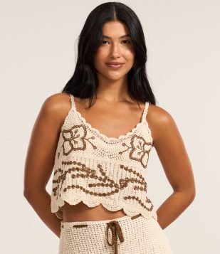 Blusa Cropped em Tricô com Bordado de Borboletas Bege 2