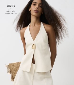 Blusa Frente Única em Algodão com Linho e Aviamento de Búzios Off White