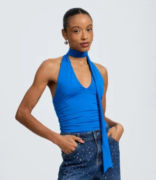 Blusa Frente Única em Microfibra com Gola Alta Azul