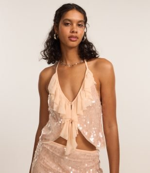 Blusa Frente Única em Poliamida com Paetês e Babados Rosa