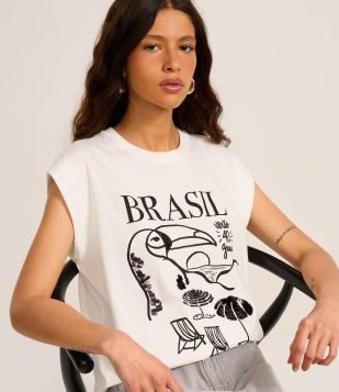 Blusa Muscle Tee com Estampa Brasil e Paetês Branco
