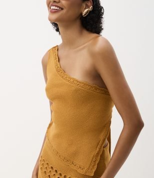Blusa Ombro Só em Tricô com e Amarração nas Costas Amarelo