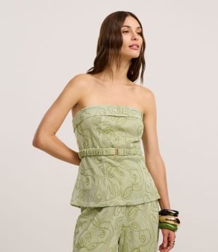 Blusa Sem Alça com Decote Virado e Bordado Bastrado Verde