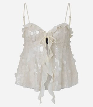 Blusa em Malha de Paetês com Decote Coração e Babados de Chiffon Off White