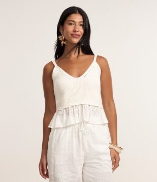 Blusa em Tricô com Alças e Babados Branco