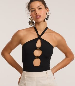 Body Frente Única com Recortes e Aviamentos Preto