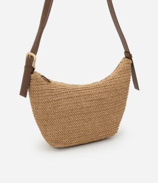Bolsa Hobo Média com Efeito Ráfia e Alça Regulável Boho Romântico Bege