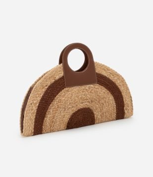 Bolsa Média em Juta Trançada com Listra Contrastante Bege