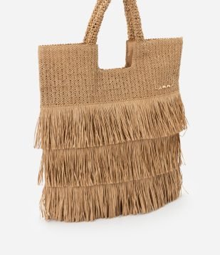 Bolsa de Praia de Palha com Franjas Bege