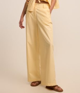 Calça Pantalona Cintura Alta em Tricoline Amarelo
