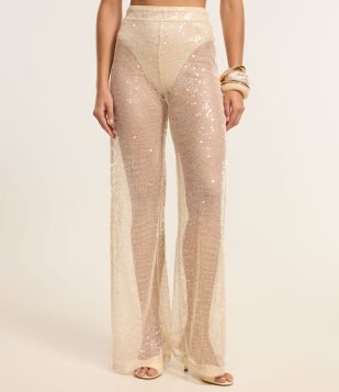 Calça Pantalona com Paetê Dourado