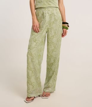 Calça Reta Alfaiatada Cintura Alta com Bordado Bastrado Verde