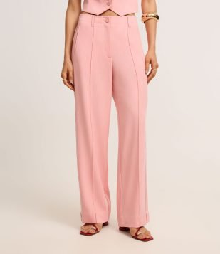 Calça Wide Leg Alfaiatada em Viscose com Frisos Rosa