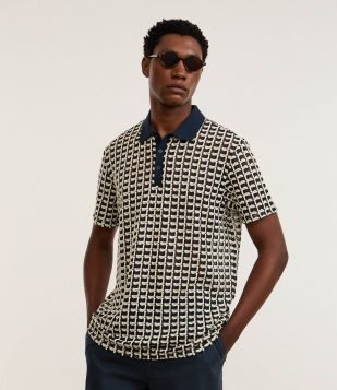 Camisa Polo Comfort em Jacquard com Textura Ondulada Azul