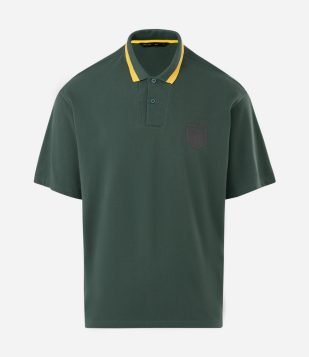 Camisa Polo com Brasão Brasil 26 e Listra Contrastantes Verde