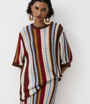 Camiseta Oversized em Tricô com Listras Variadas Multicores