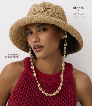 Chapéu de Praia em Palha com Corrente de Búzios Bege