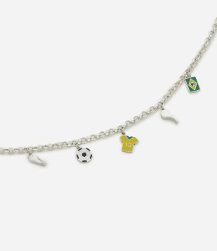 Colar Metal Futebol Brasil com Pingentes Prata