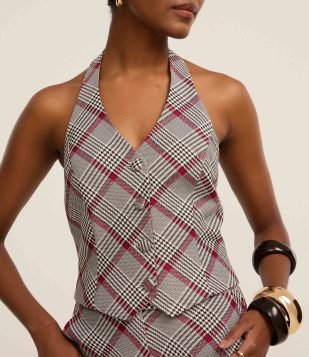 Colete Frente Única em Alfaiataria com Estampa Xadrez Cinza