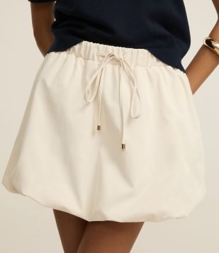 Saia Balonê Curta em Tricoline com Amarração e Franzidos Bege