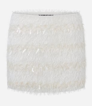 Saia Curta com Franjas e Paetês Off White