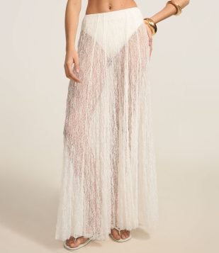 Saia Evasê New Midi com Renda Sem Forro Texturizada Branco