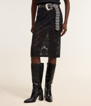 Saia Lápis Midi em Renda Floral com Forro Preto