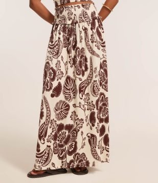 Saia Long Midi Texturizada com Estampa Caju Bicolor e Cós de Lastex Off White