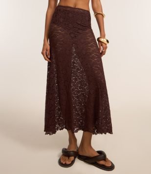 Saia Longa em Renda Floral Marrom
