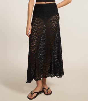 Saia Longa em Renda Floral Preto