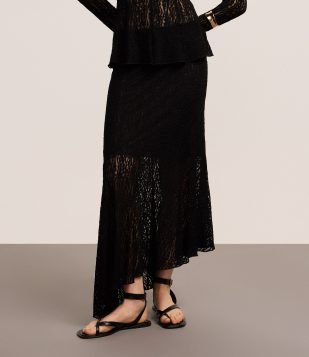 Saia New Midi em Renda com Barra Assimétrica Preto