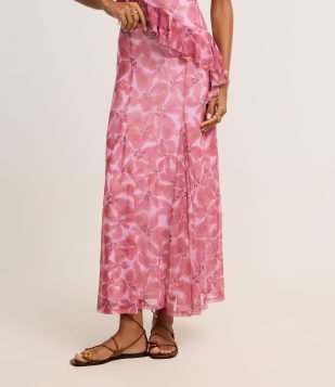 Saia Reta Midi em Tule com Nesgas e Estampa Floral Rosa