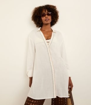Saída de Praia Camisa em Viscose Texturizada com Pesponto Contrastante Branco