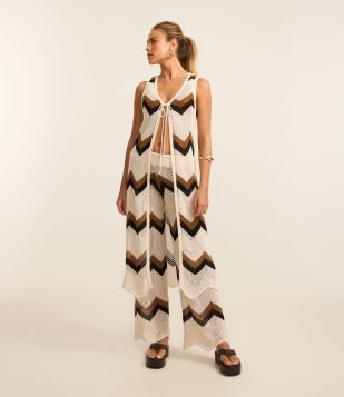 Saída de Praia Kimono Alongado com Efeito Crochê Zig Zag Off White