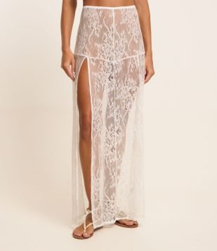Saída de Praia Saia Longa em Renda com Fenda Lateral Off White