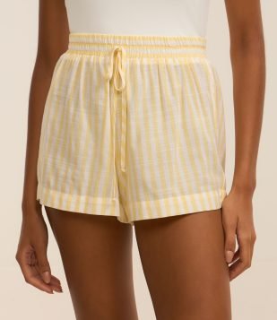 Saída de Praia Short em Viscose e Algodão com Listras de Fio Tinto Amarelo