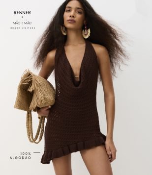 Saída de Praia Vestido em com Decote Degagê Marrom