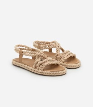 Sandália Rasteira com Tiras de Cordas Bege