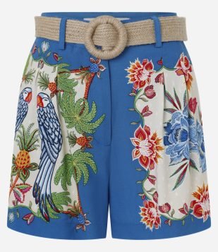 Short Evasê Com Cintura Alta Cinto Efeito Palha e Estampa Tropical Azul