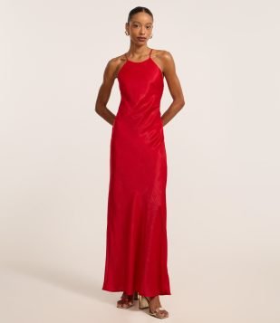 Vestido Long Midi em Cetim com Decote Halter Vermelho