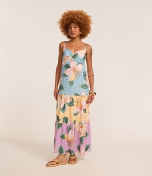 Vestido Long Midi em Laise com Estampa Frontal Multicores