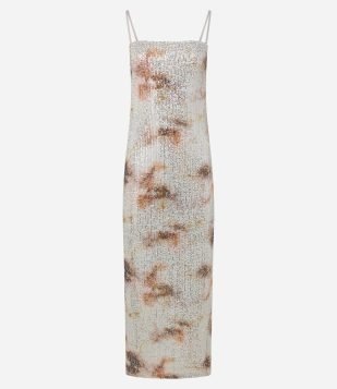 Vestido Long Midi em Paetê com Estampa Manchada Prata