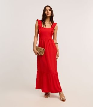 Vestido Longo com Babadinhos na Alça e Barra Vermelho