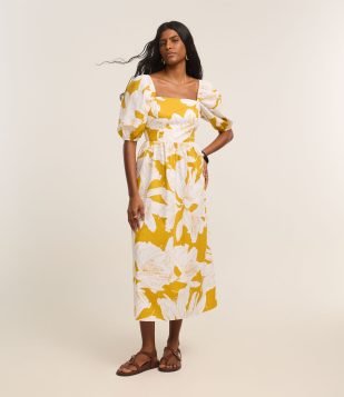 Vestido Midi em Tricoline com Manga Bufante e Estampa Floral Amarelo/Branco
