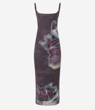 Vestido New Midi em Tule com Alça Fina e Estampa Floral Cinza