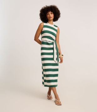 Vestido Reto Longo em Moletom com Listras e Amarração Verde-Branco