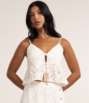 Blusa Cropped em Laise Floral com Amarração Frontal Branco