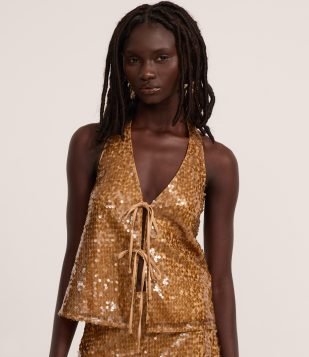 Blusa Frente Única em Paetê com Decote em V e Amarração Dourado